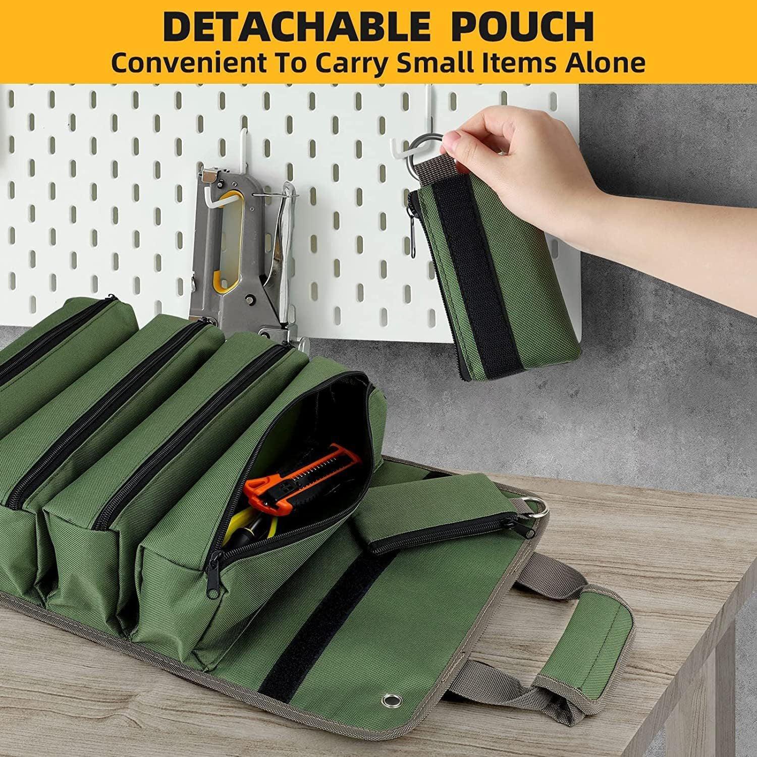 Green Heavy-Duty Oxford Cloth Roll-Up Tool Organizer - Detachable Multi-Purpose Utility Bag for Mechanics, Electricians & Outdoors