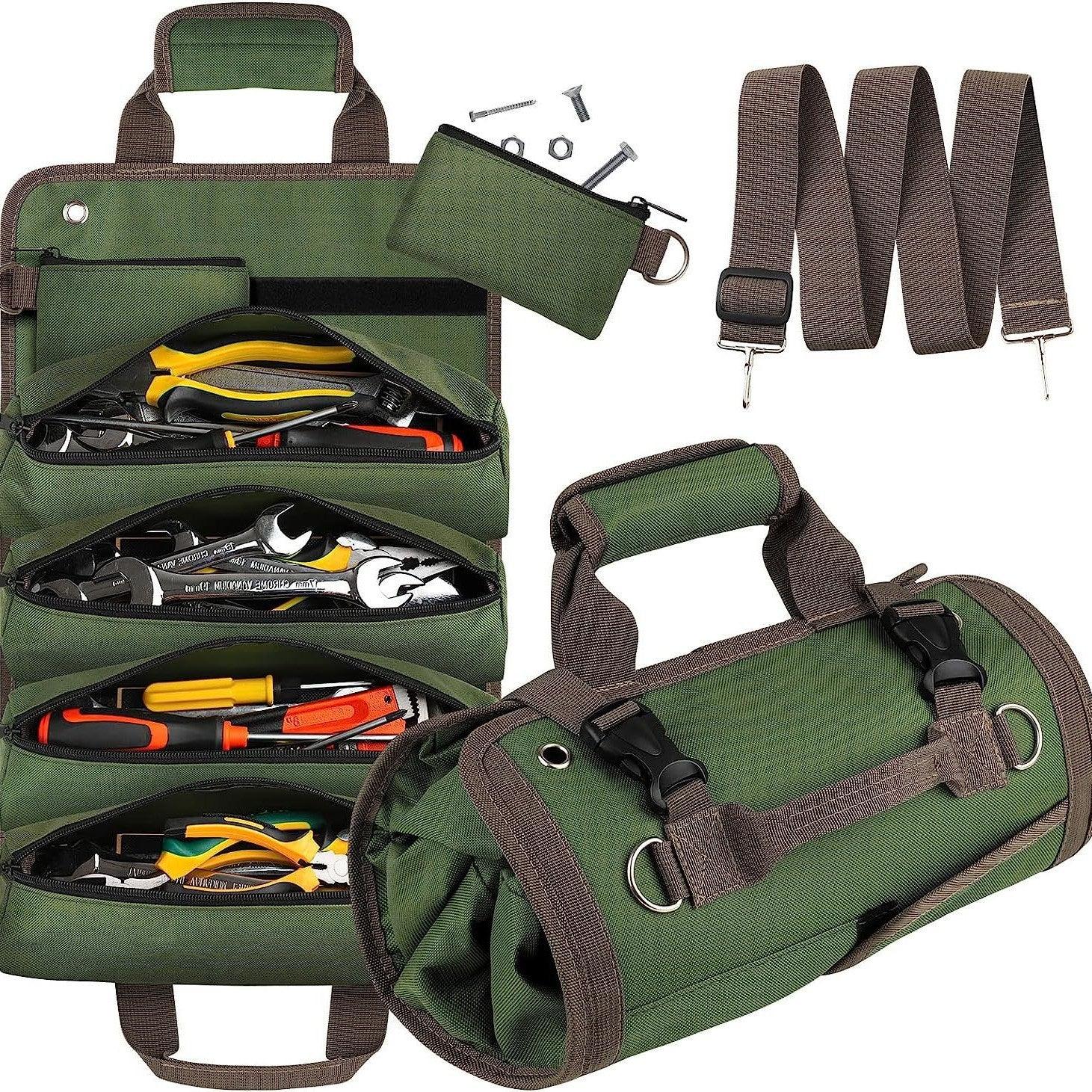 Khaki Heavy-Duty Oxford Cloth Roll-Up Tool Organizer - Detachable Multi-Purpose Utility Bag for Mechanics, Electricians & Outdoors