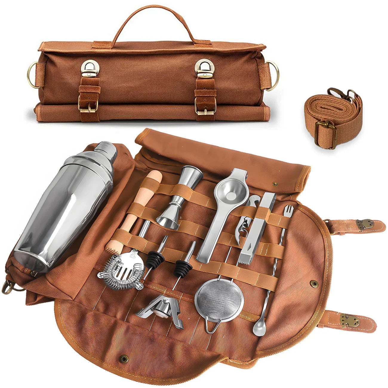 Blue Professional Bartender Kit Travel Bag - Durable Canvas Tool Organizer and Bar Briefcase with Metal Buckles (45x35cm)