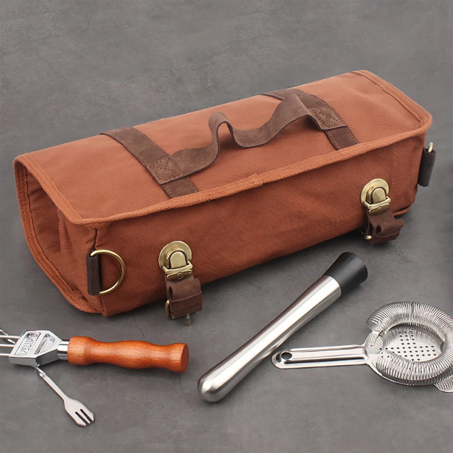 Blue Professional Bartender Kit Travel Bag - Durable Canvas Tool Organizer and Bar Briefcase with Metal Buckles (45x35cm)
