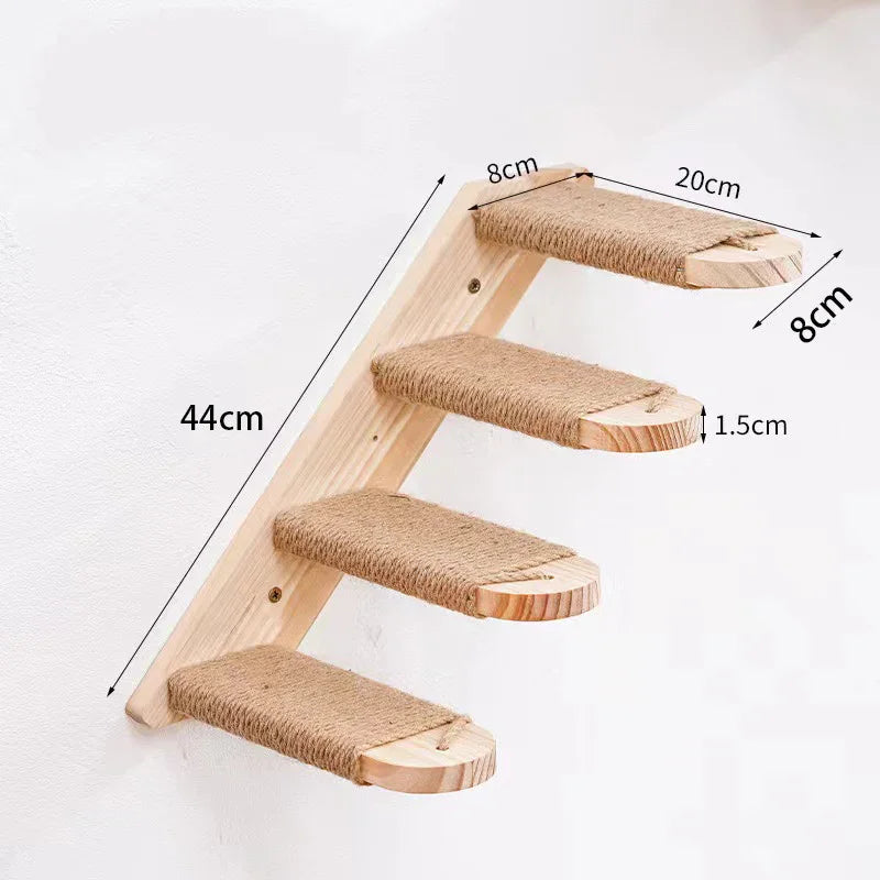 4-Tier Solid Wood Wall-Mounted Cat Climbing Ladder - Vertical Jumping Steps for Indoor Cats with Installation Kit