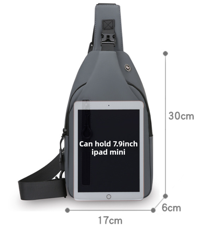 Grey Waterproof Unisex Chest Bag with USB Charging & Headphone Port  - 3-Layer Large Capacity PU Leather Crossbody Bag