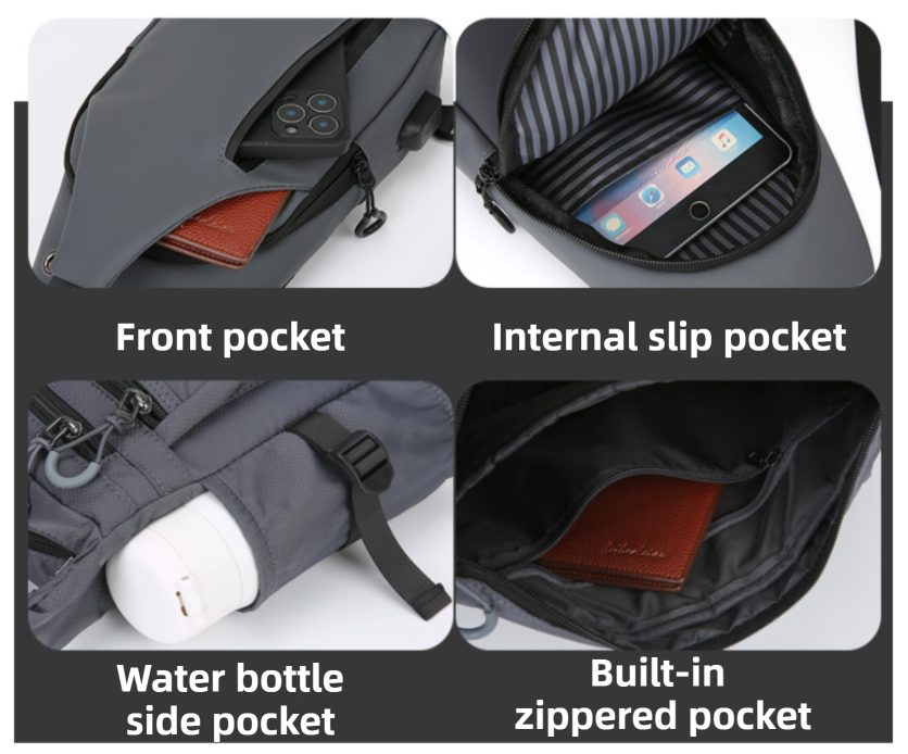 Black Waterproof Unisex Chest Bag with USB Charging & Headphone Port  - 3-Layer Large Capacity PU Leather Crossbody Bag