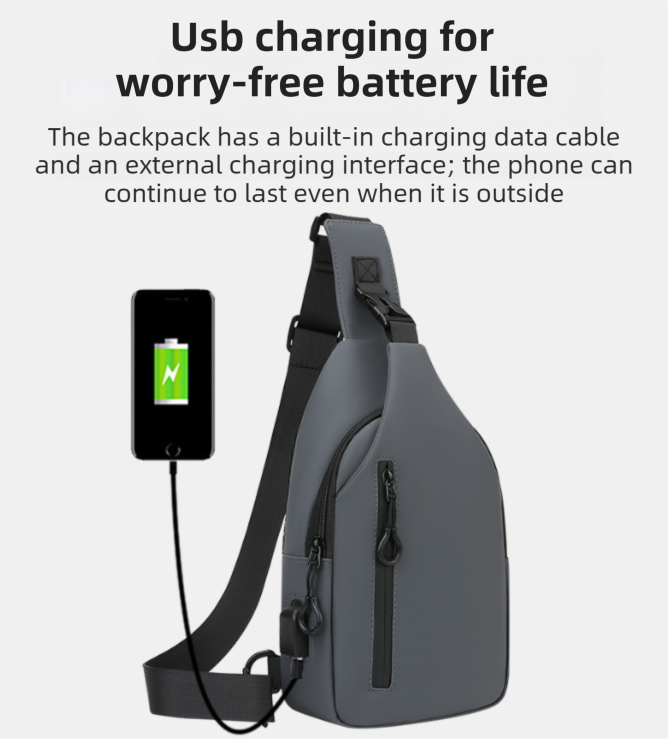 Black Waterproof Unisex Chest Bag with USB Charging & Headphone Port  - 3-Layer Large Capacity PU Leather Crossbody Bag