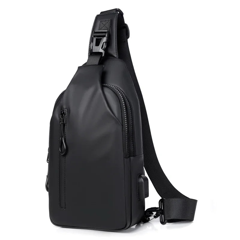 Black Water / Wrinkle-Resistant Nylon Men's Tactical Chest Bag with USB Charging Port - 4 Layer Large Capacity Crossbody Pack