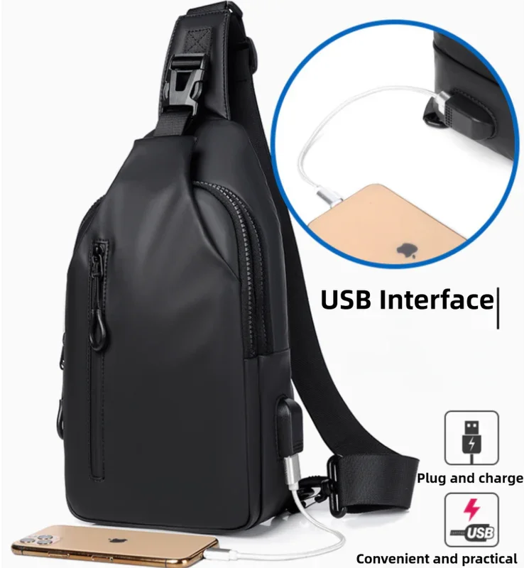 Black Water / Wrinkle-Resistant Nylon Men's Tactical Chest Bag with USB Charging Port - 4 Layer Large Capacity Crossbody Pack