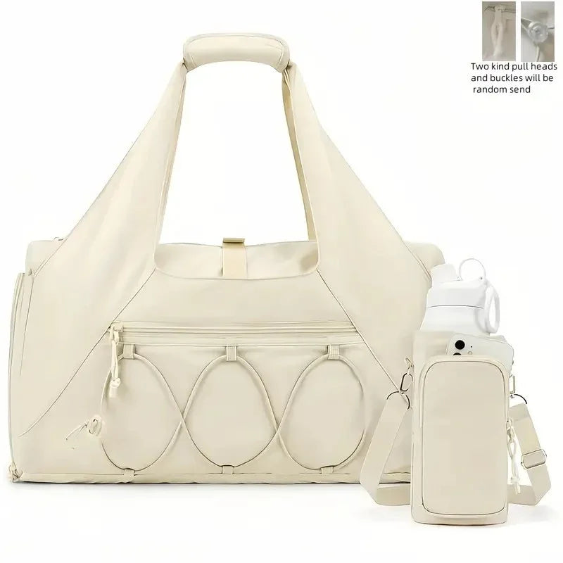 White High-Capacity Yoga Gym Duffel Set with Bonus Bottle Phone Pouch, Separate Shoe Compartment & Yoga Mat Strap