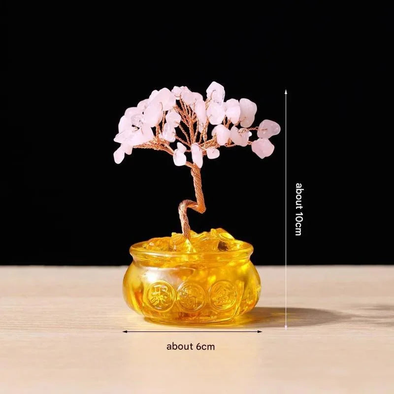 Natural Pink Crystal Money Tree with Fortune Basin & Adjustable Wire Branches - Desktop Feng Shui Decor for Wealth and Prosperity