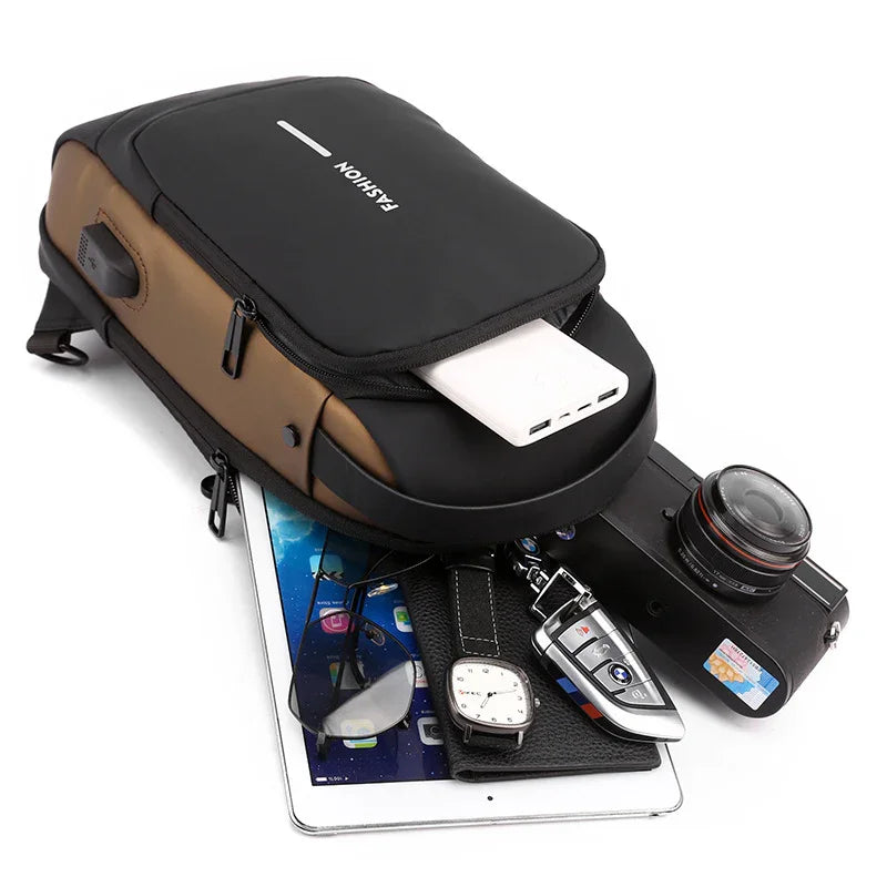Black-Gold High Capacity Anti-Theft Tactical Chest Bag - Waterproof Leather-Film Sling with USB Charging & TSA Password Lock
