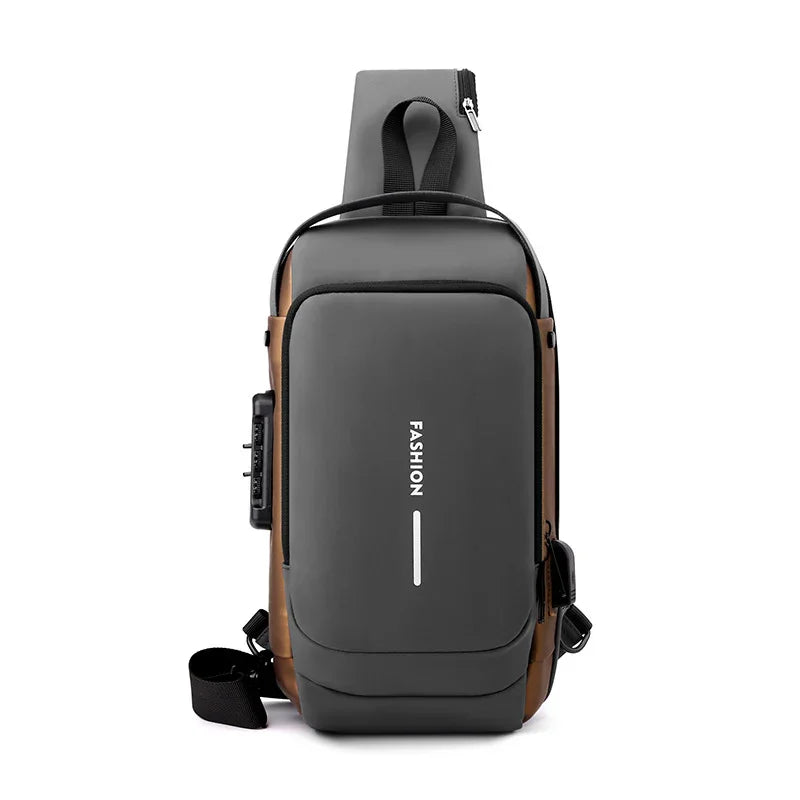 Grey Gold High Capacity Anti-Theft Tactical Chest Bag - Waterproof Leather-Film Sling with USB Charging & TSA Password Lock