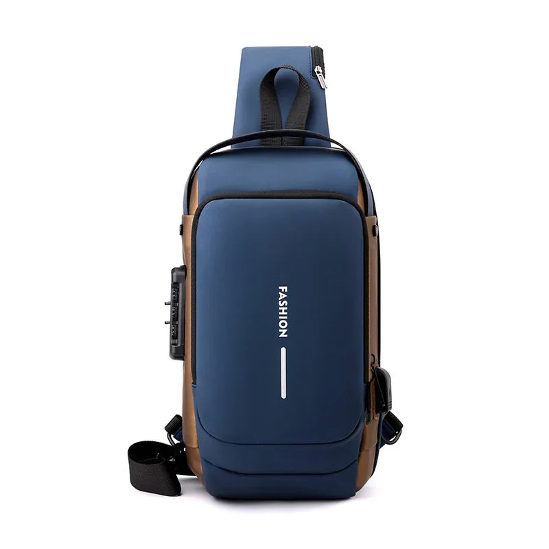 Blue Gold High Capacity Anti-Theft Tactical Chest Bag - Waterproof Leather-Film Sling with USB Charging & TSA Password Lock