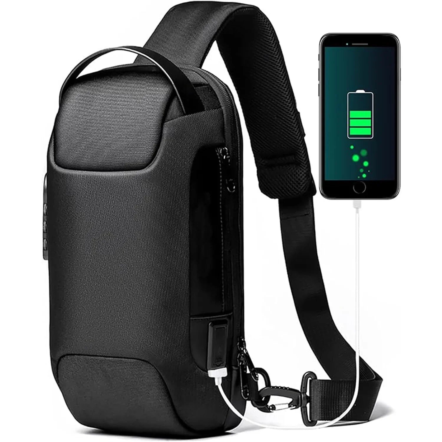 Black Lightweight Anti-Theft Tactical Chest Bag - Waterproof Security Sling Bag with 3-Digit Password Lock & Smart USB Charging Port