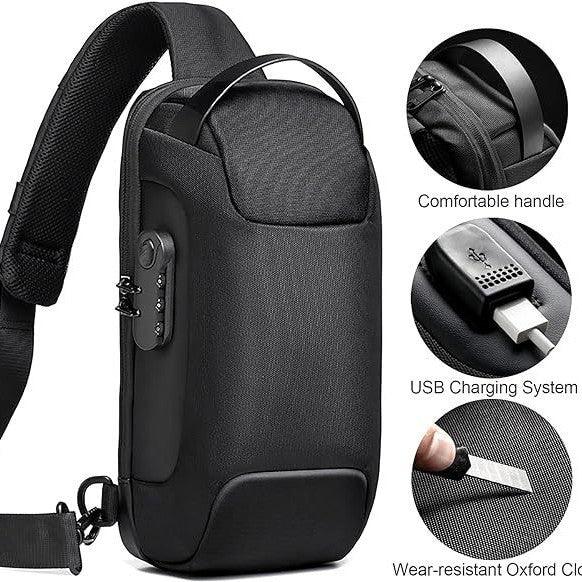 Blue Lightweight Anti-Theft Tactical Chest Bag - Waterproof Security Sling Bag with 3-Digit Password Lock & Smart USB Charging Port