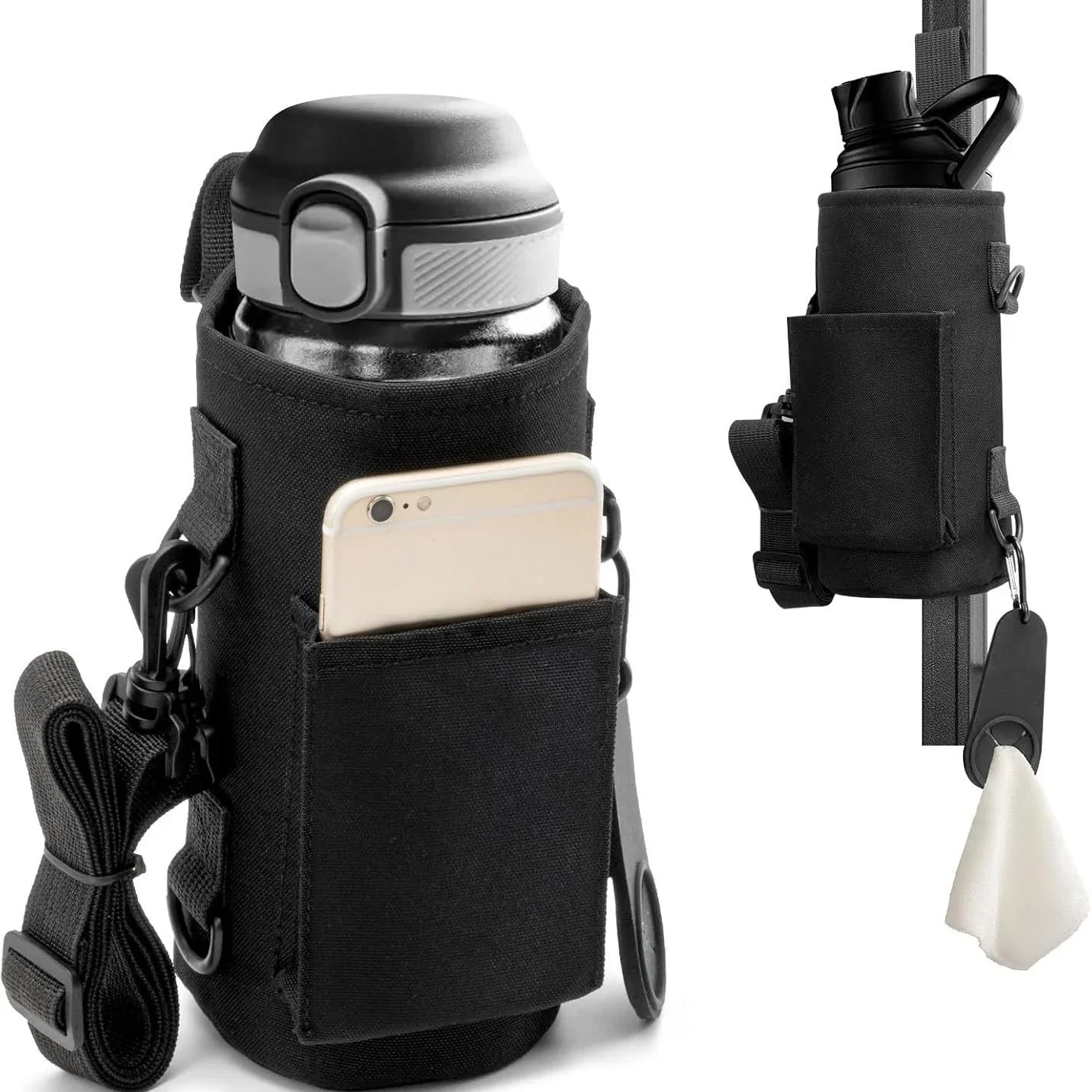 Black Magnetic Gym Water Bottle Pouch & Towel Clip with 6 High-Strength Magnets and Adjustable Strap - Fits 18oz to 40oz