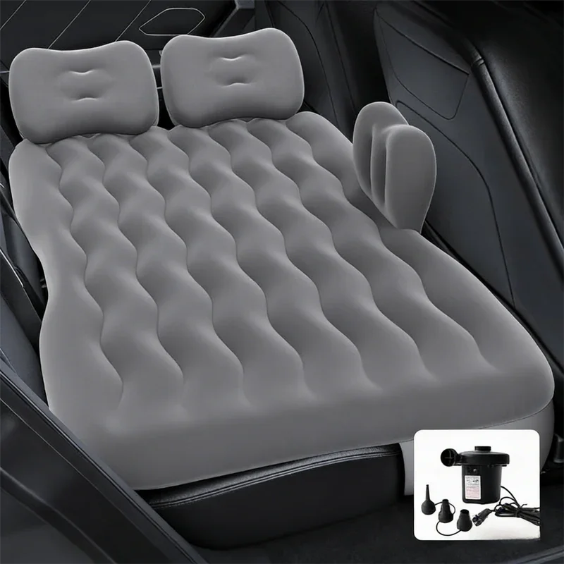 Grey Multi-Chamber Car Inflatable Air Mattress with Electric Pump & Pillows for Universal Backseat Sleeping and Camping(174 x 68 CM)