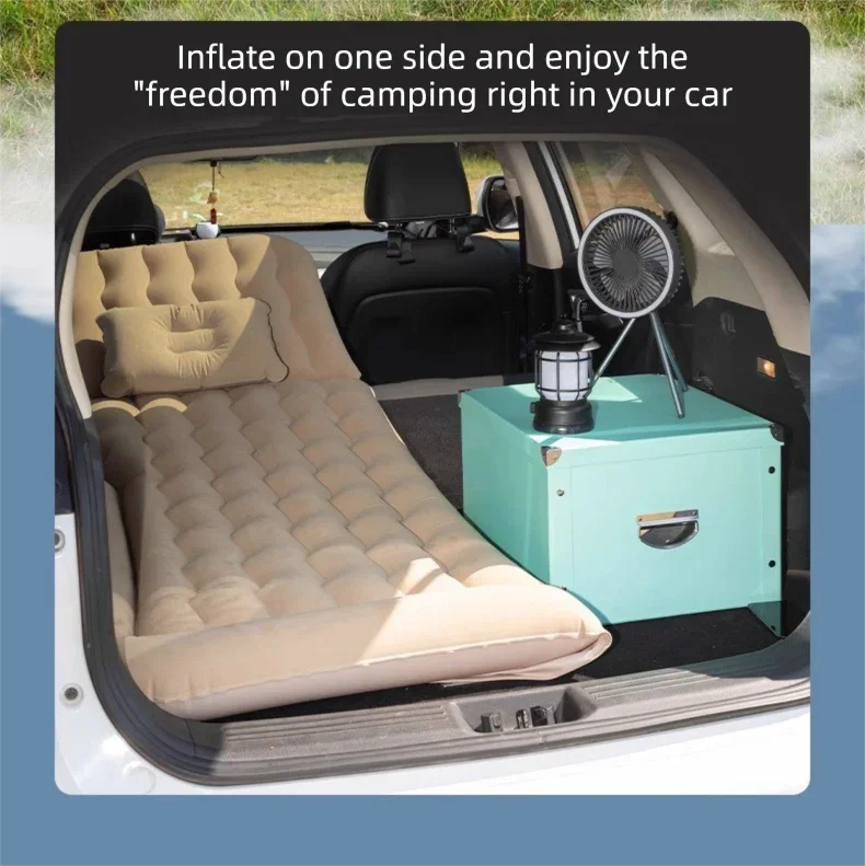 Beige Multi-Chamber Car Inflatable Air Mattress with Electric Pump, Storage Bag & Pillows for Universal Trunk Sleeping and Camping (174 x 126 CM)