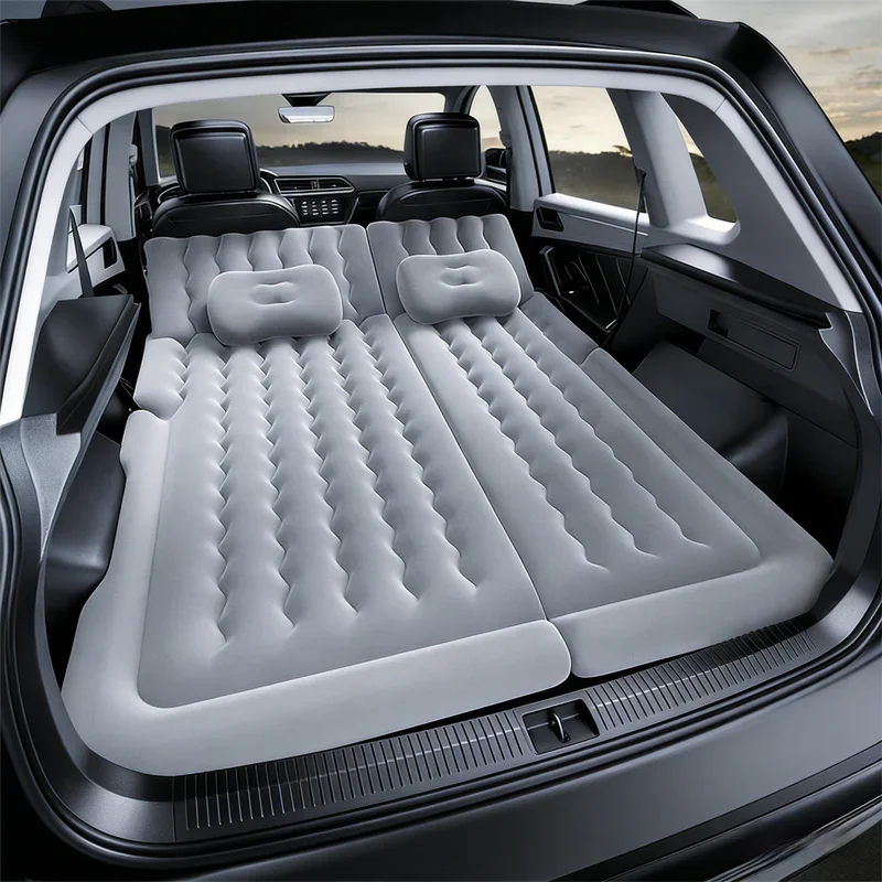 Grey Multi-Chamber Car Inflatable Air Mattress with Electric Pump, Storage Bag & Pillows for Universal Trunk Sleeping and Camping (174 x 126 CM)