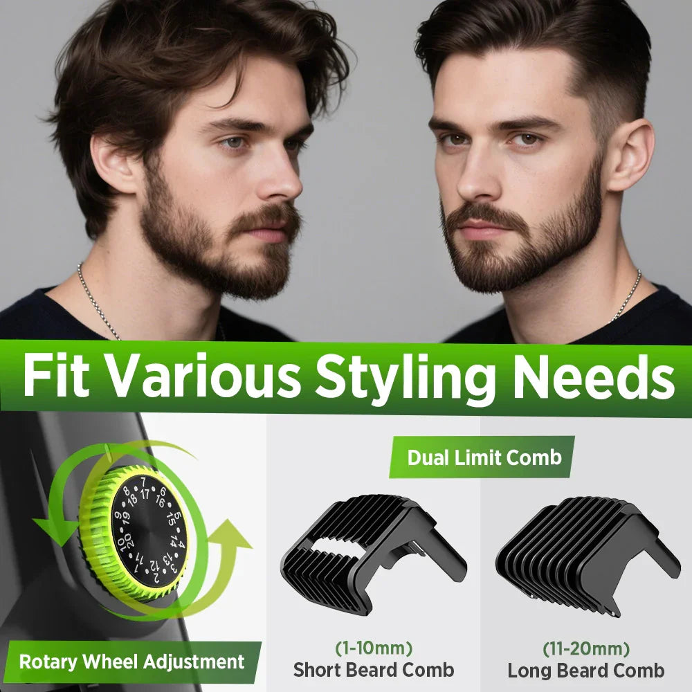 Green Beard & Hair Trimmer with Strong Vacuum Suction and Digital Display - Waterproof Rechargable Electric Clipper