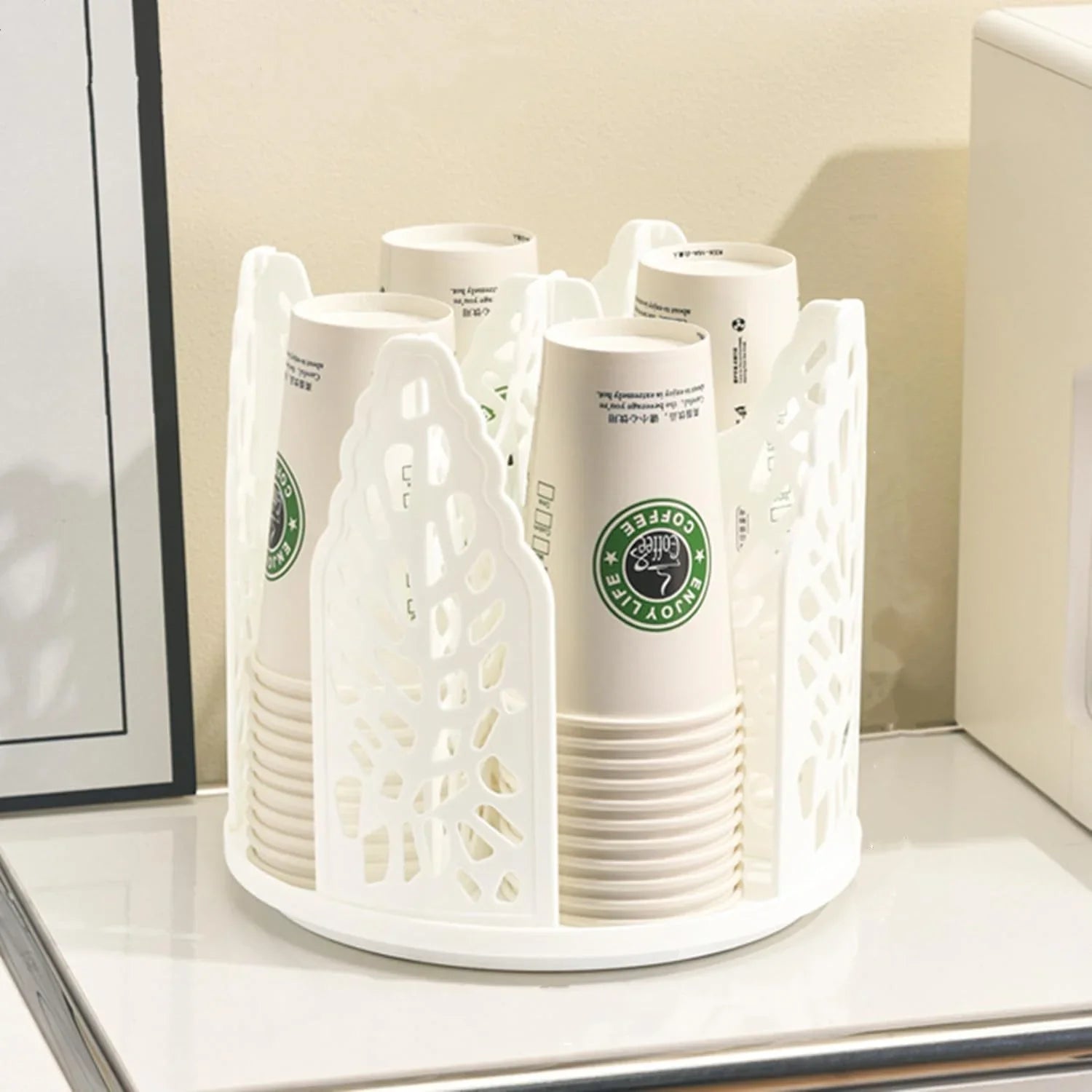 White 360°Rotating Multi-Scenario Countertop Storage Rack - Large Capacity 4 Compartment Holder for Coffee & Tea Cups