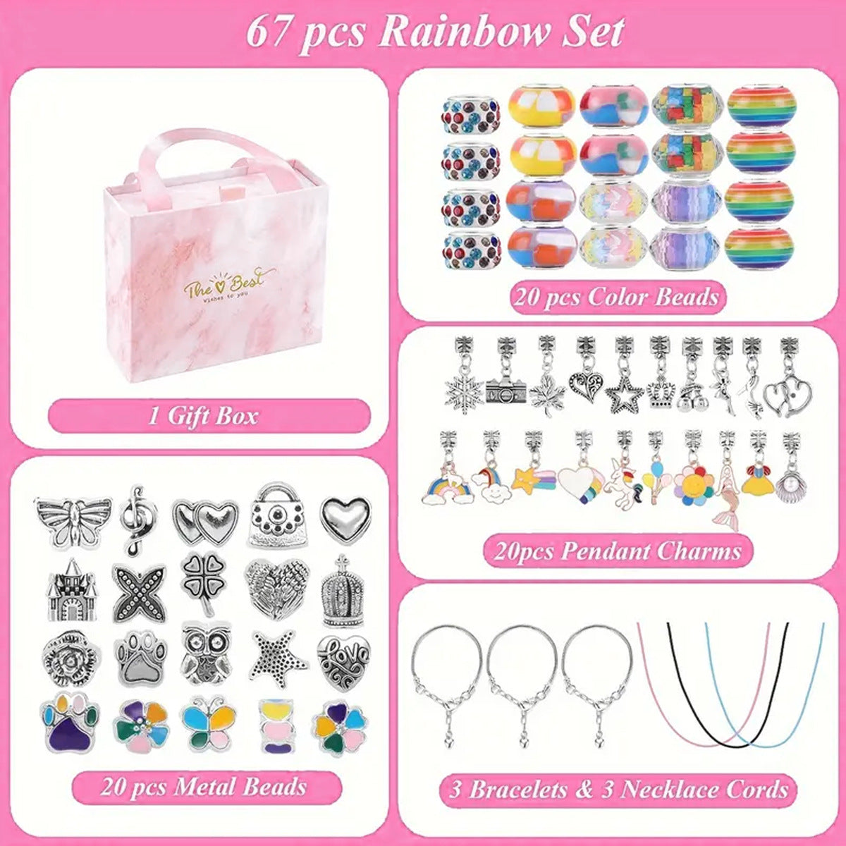 67PCS Pink DIY Charm Necklace & Bracelet Making Kit - Creative Jewelry Craft Set with Colorful Drip Oil Pendants & Metal Beads