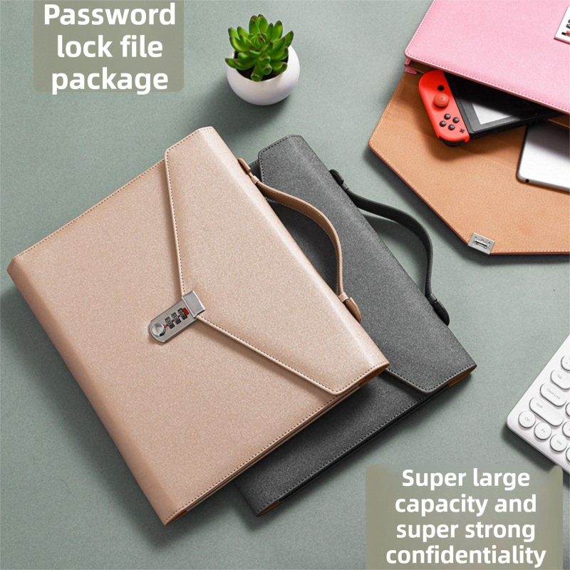 Black Anti-Theft Document Organizer with Secure Password Lock - Waterproof PU Leather Confidential File Bag