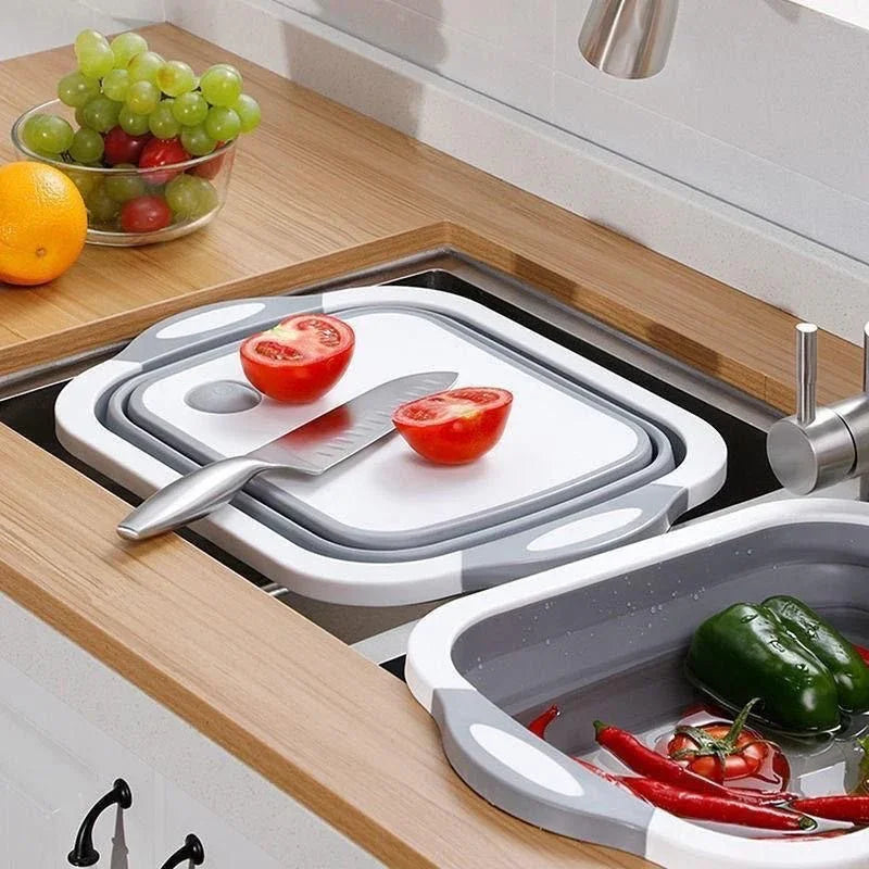 3-in-1 Grey Collapsible Cutting Board & Drain Basin & Storage Tub - Portable Multifunctional Food Grade Storage Basket(37x27x12cm)