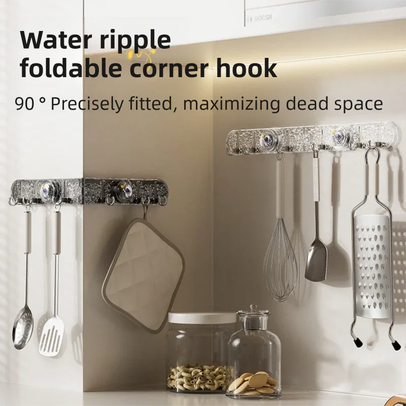 180°Foldable Hidden Hook Rail with Reusable Suction Cup - Waterproof Water Ripple Rack for Bathroom & Kitchen (White-Transparency)