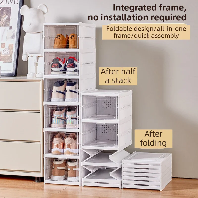 White 3-Layer Foldable Shoe Storage Tower with Transparent Display Panel & Back Ventilation - One-Pull Instant Setup Stackable Box (25.5x34.5x52.5CM)