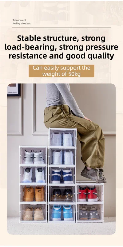 Transparent Grey 3-Layer Foldable Shoe Storage Tower with Transparent Display Panel & Back Ventilation - One-Pull Instant Setup Stackable Box (25.5x34.5x52.5CM)