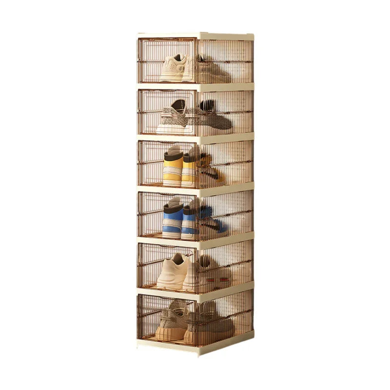 Transparent Brown 6-Layer Foldable Shoe Storage Tower with Transparent Display Panel & Back Ventilation - One-Pull Instant Setup Stackable Box (25.5x34.5x105CM)