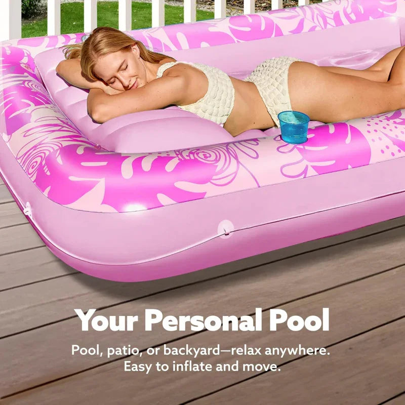 180x118CM Pink Transparent Inflatable Suntan Tub & Floating Pool Lounger with Dual Integrated Cup Holders and Pillow - Portable Sunbathing Pool for Lawn & Water