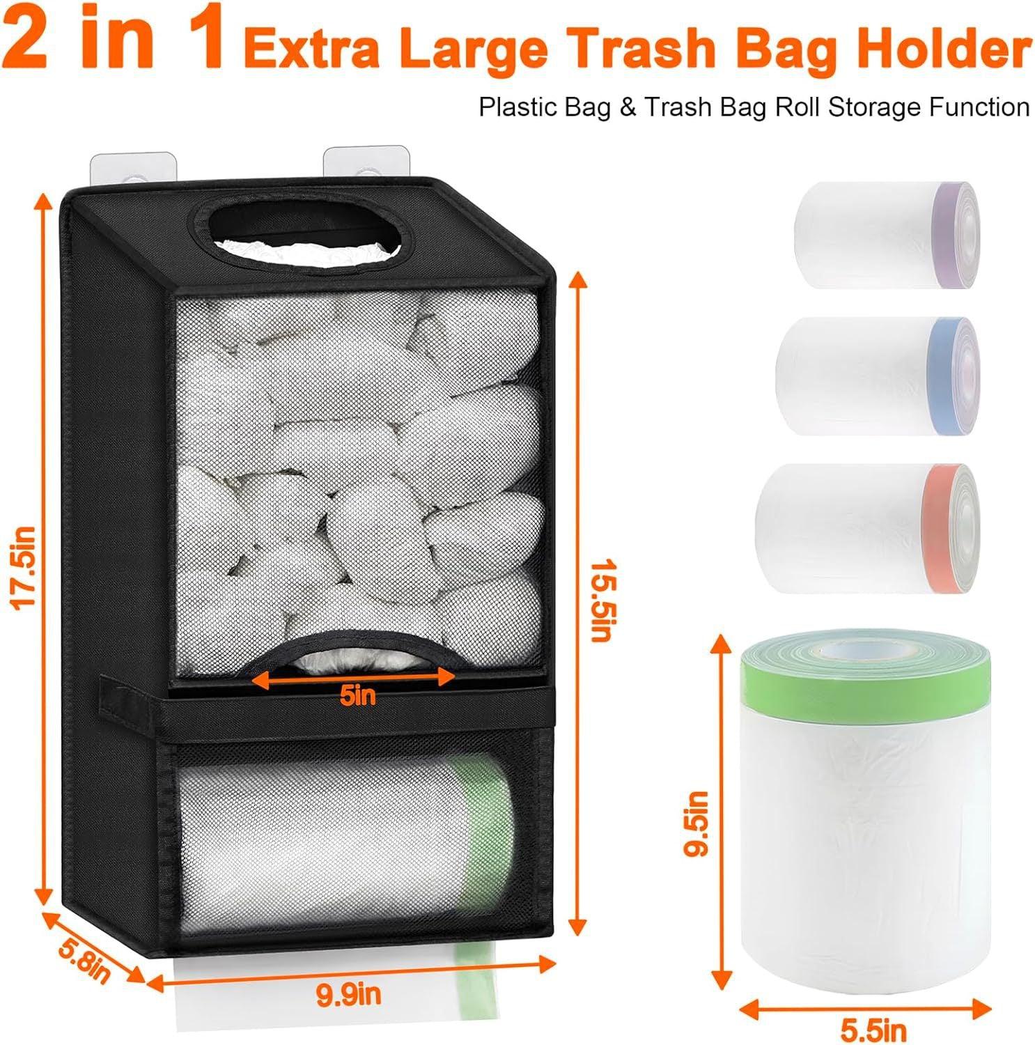 2-in-1 Black Kitchen Plastic Bag & Trash Bag Roll Dispenser(2 Pack) - Hanging Grocery & Produce Bag Organizer (17.5x9.9x5.8 inch)