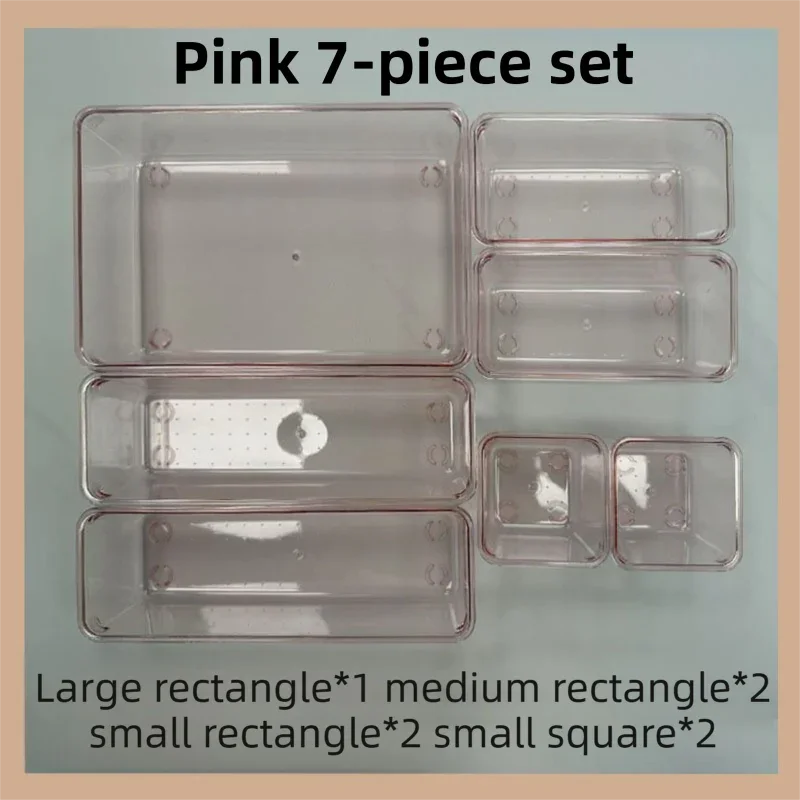 7PCS Pink Transparent Stackable Organizer Set - 4-Size Versatile Desktop & Drawer Divider