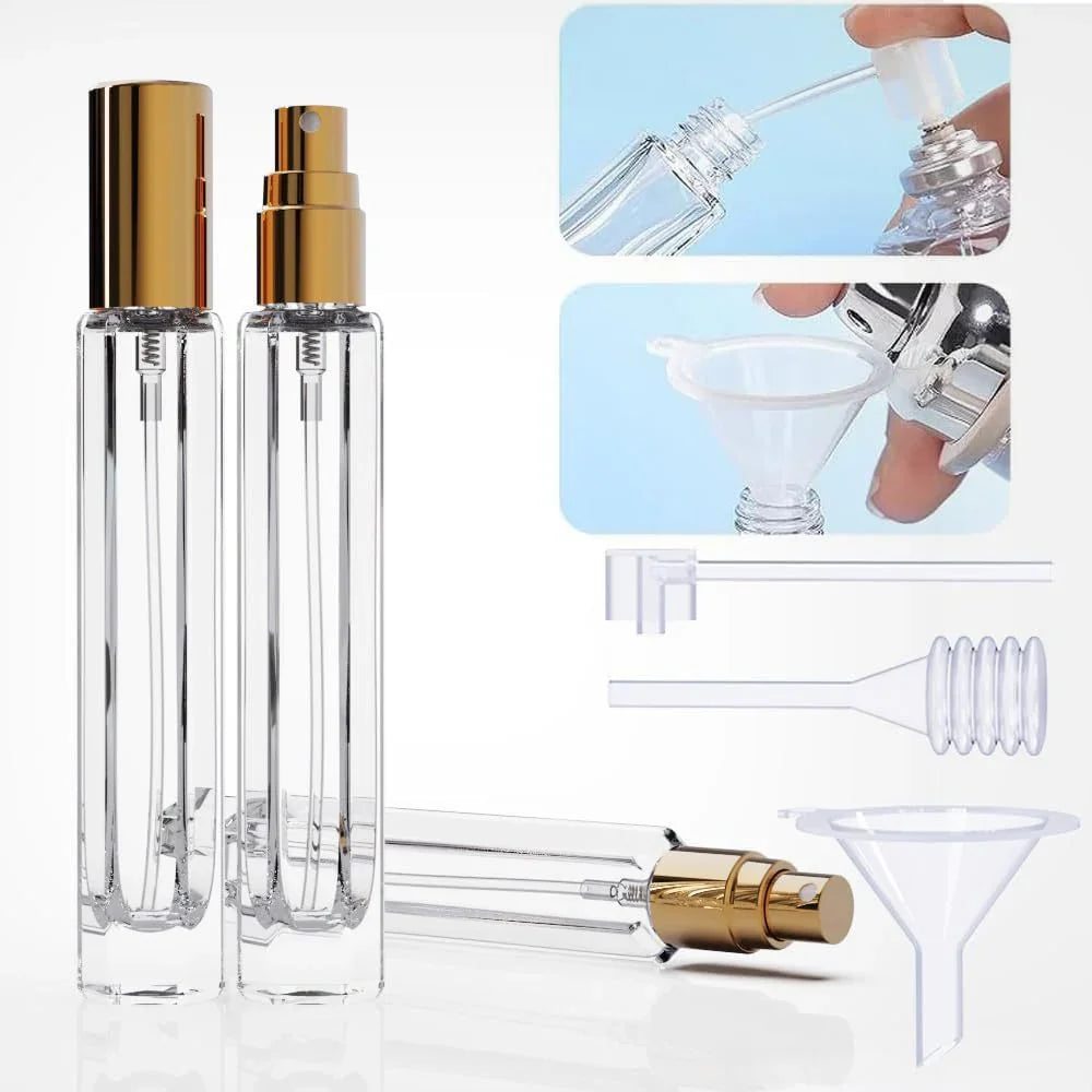 15-Piece/3-Set Gold Premium Glass Travel Perfume Atomizer Set - 10ml Portable Refillable Sprayers with Transfer Tools