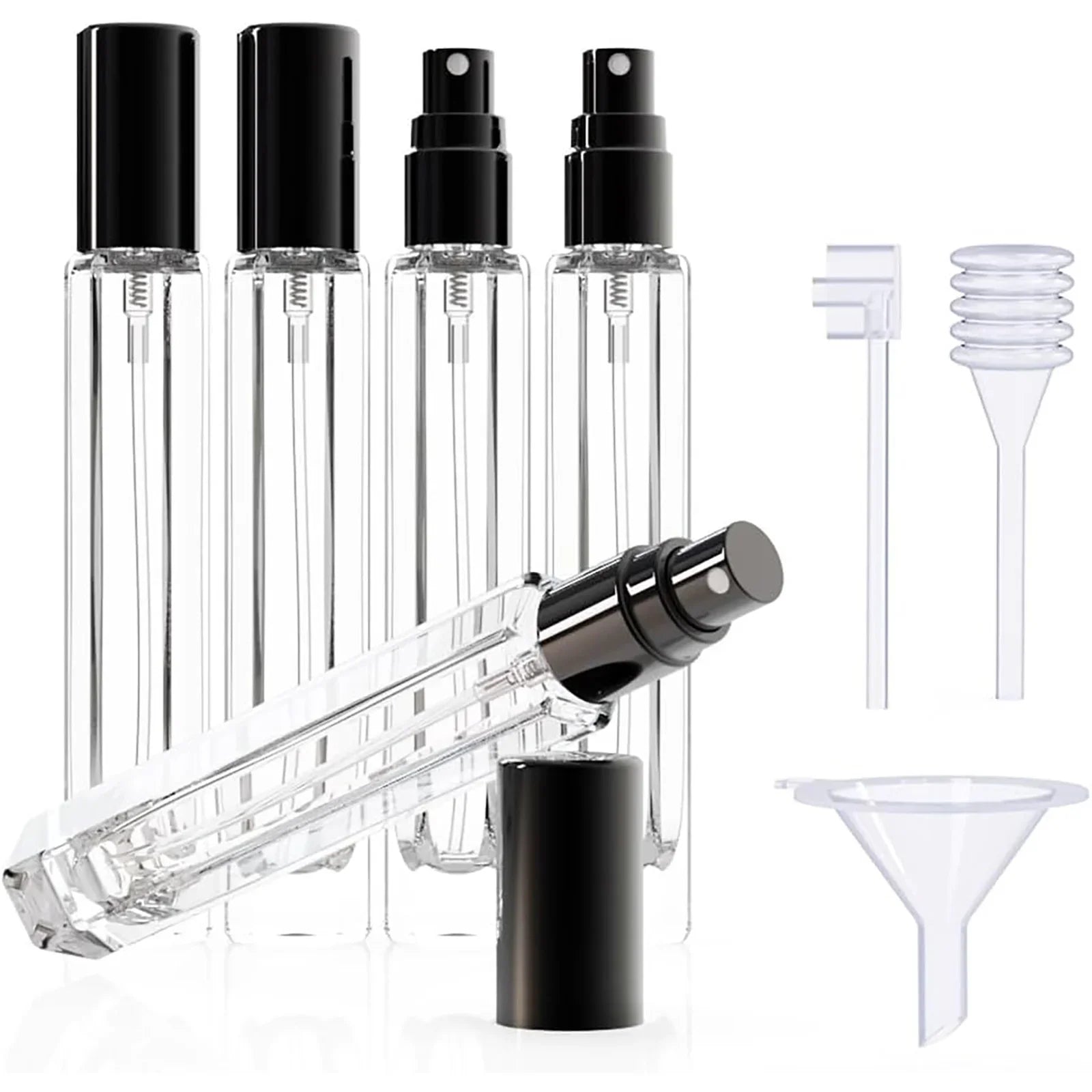 5-Piece Black Premium Glass Travel Perfume Atomizer Set - 10ml Portable Refillable Sprayers with Transfer Tools