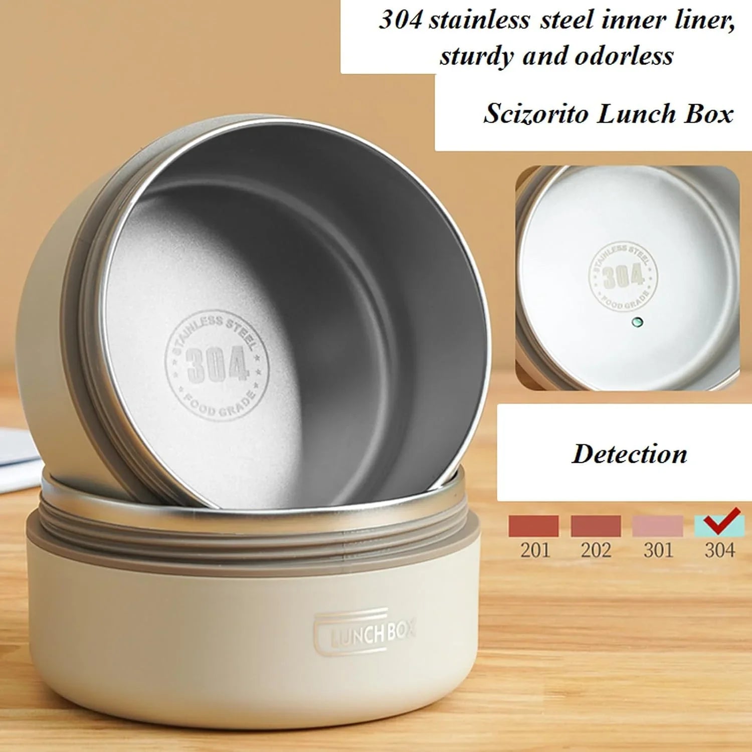 3-Pack Beige 304 Stainless Steel Microwave-Safe Lunch Box Set - Stackable Insulated Bento Containers for Office & School
