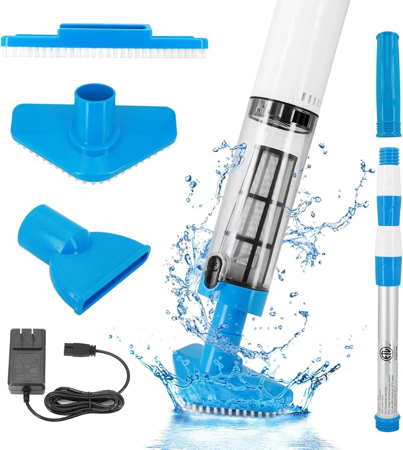 Blue and White Cordless Underwater Pool Vacuum with 3 Cleaning Heads & 164cm Extended Reach - Rechargeable Handheld Spa & Pond Cleaner