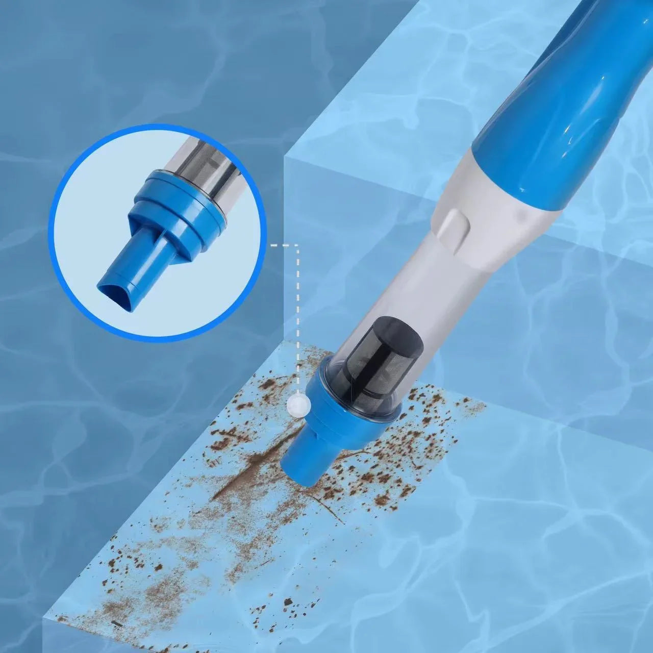 Blue and White Cordless Underwater Pool Vacuum with 3 Cleaning Heads & 164cm Extended Reach - Rechargeable Handheld Spa & Pond Cleaner