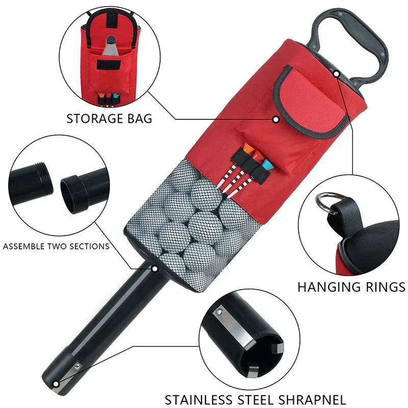 Black and Red Lightweight Golf Retriever with Detachable No-Bend Shag Tube & Mesh Bag Holding Up to 70-Ball