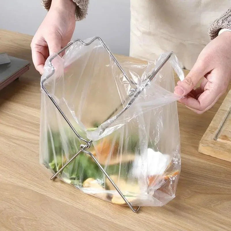 2-Pack Foldable Stainless Steel Trash Bag Holder (21 x 26 CM) - Multi-Functional Kitchen Countertop Organizer for Plastic Bag & Dishcloth