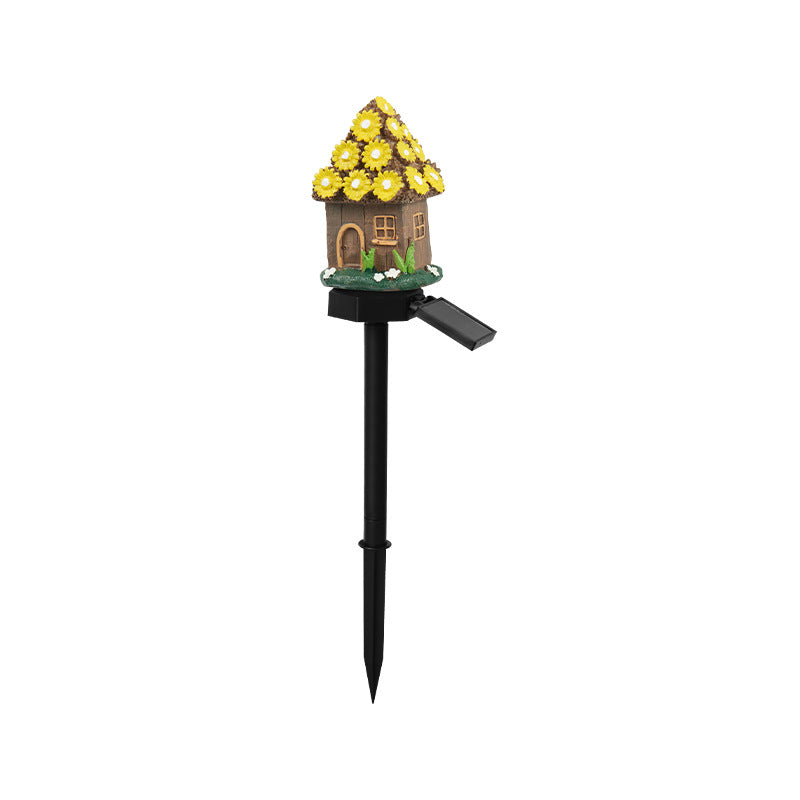 Yellow House Solar Powered Mushroom House Garden Stake Lights - Outdoor Waterproof Resin Landscape Decorative Lamps with Warm LED Glow for Patio, Lawn, and Yard