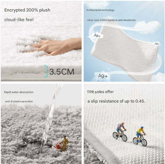 White 40*60cm Luxury 3.5cm Shag Bath Mat | Silver Ion Antibacterial Technology | Quick Dry Non-Slip TPR Bathroom Rug