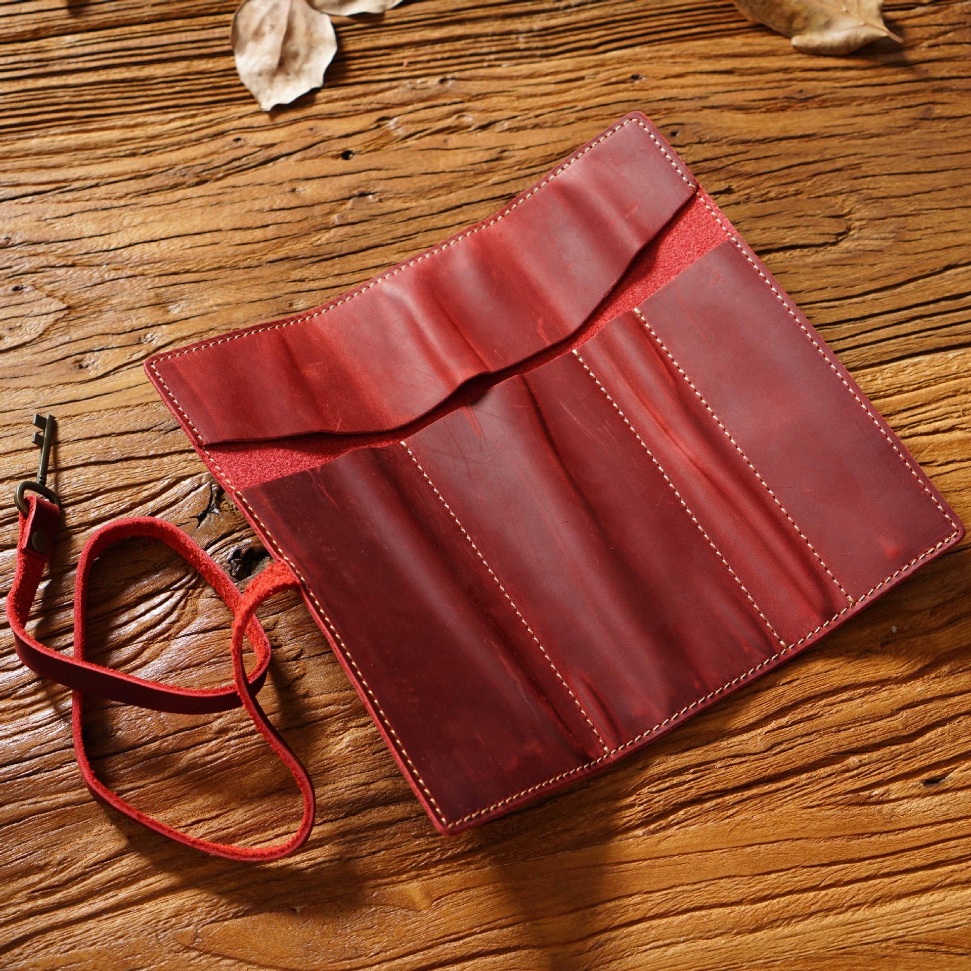 Wine Red Genuine Crazy Horse Leather Pencil Roll Case Vintage Pen Wrap Stationery Organiser Pouch with Strap & Charm 4 Slots for Artists