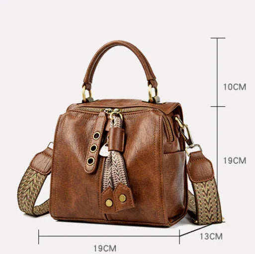 Green Vintage Look PU Leather Box Bag | Stylish Top Handle Crossbody Tote | Multi-Carry Bucket Bag with Wide Strap