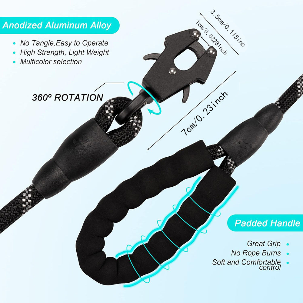 Green High Strength Nylon Rope Dog Leash | 1.5M Heavy Duty Lead with Anodized Frog Clip | Padded Comfort Handle for Training