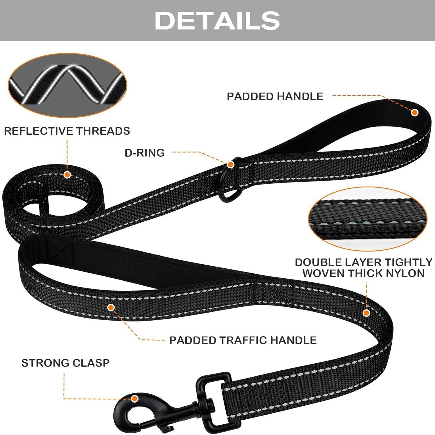 Orange 2.5 Meter Heavy Duty Reflective Dog Leash | Double Padded Traffic Handle | Anti-Chafe Tightly Woven Nylon for Large Dogs