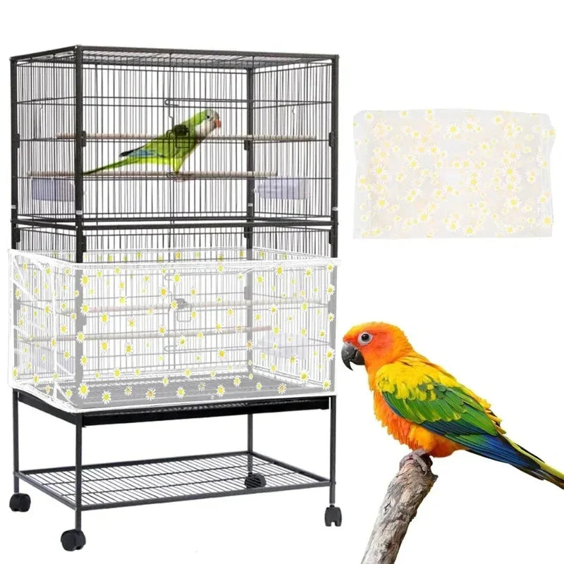 S White【Height 17, Circumference 110】 Large Bird Cage Seed Catcher Net Cover - Adjustable Mesh Guard Splash-Proof Dust Cover for Indoor Outdoor Cages