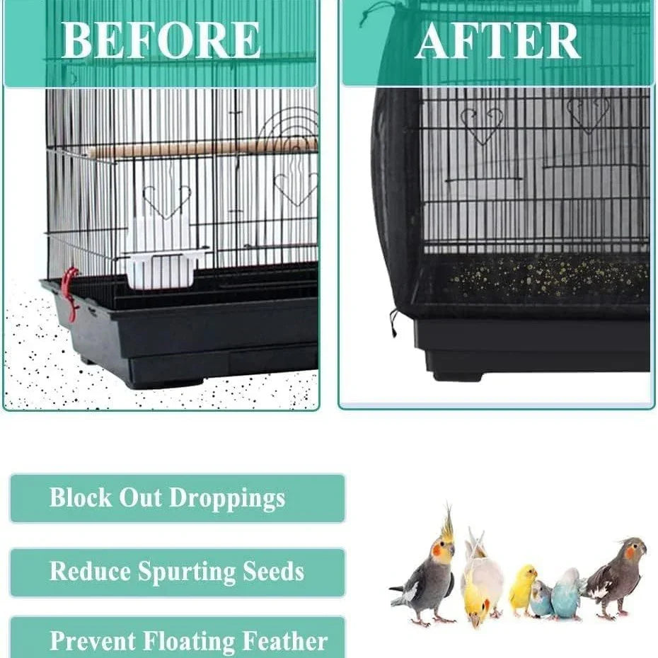 S White【Height 17, Circumference 110】 Large Bird Cage Seed Catcher Net Cover - Adjustable Mesh Guard Splash-Proof Dust Cover for Indoor Outdoor Cages