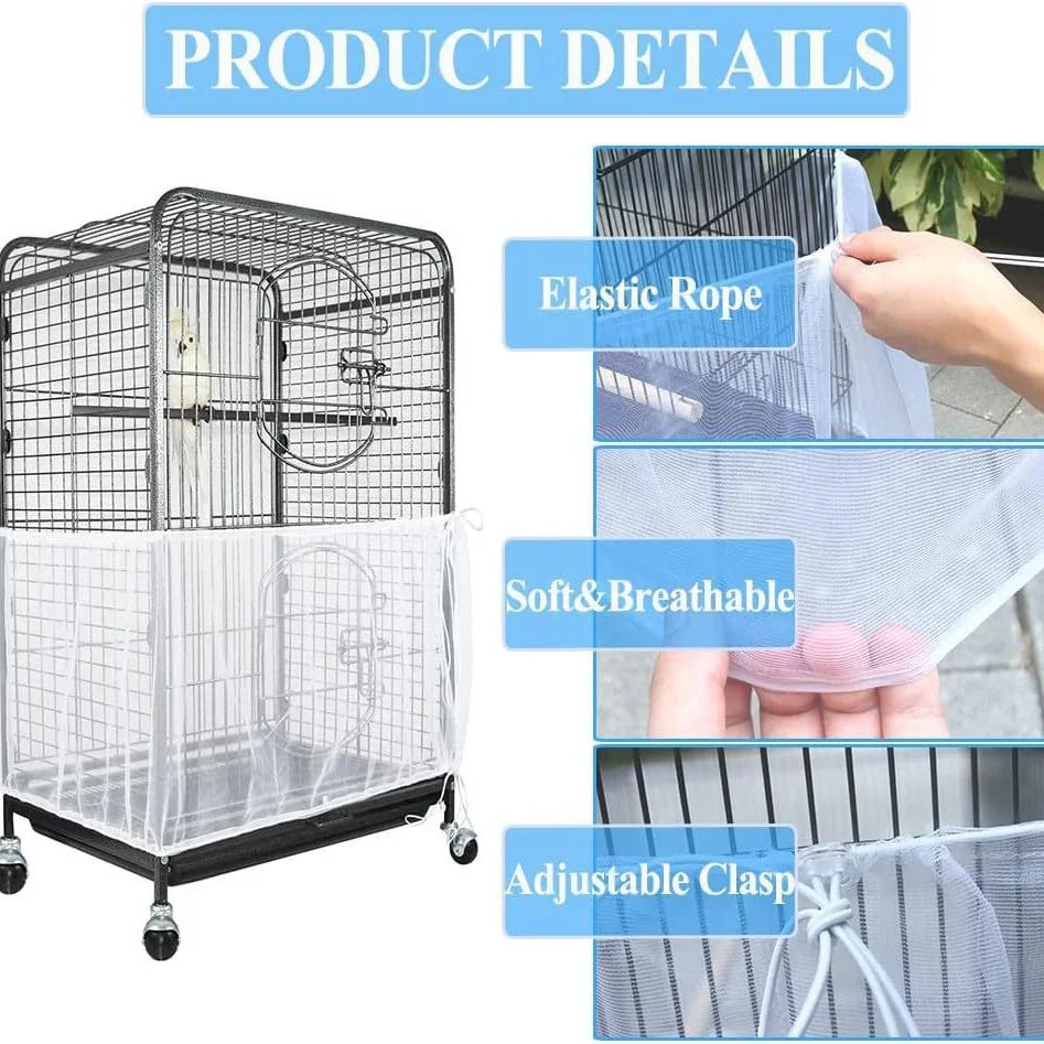 S White【Height 17, Circumference 110】 Large Bird Cage Seed Catcher Net Cover - Adjustable Mesh Guard Splash-Proof Dust Cover for Indoor Outdoor Cages