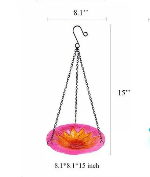Red Decorative Hanging Glass Flower Bird Bath - 8.1 Inch Vibrant Outdoor Garden Accent